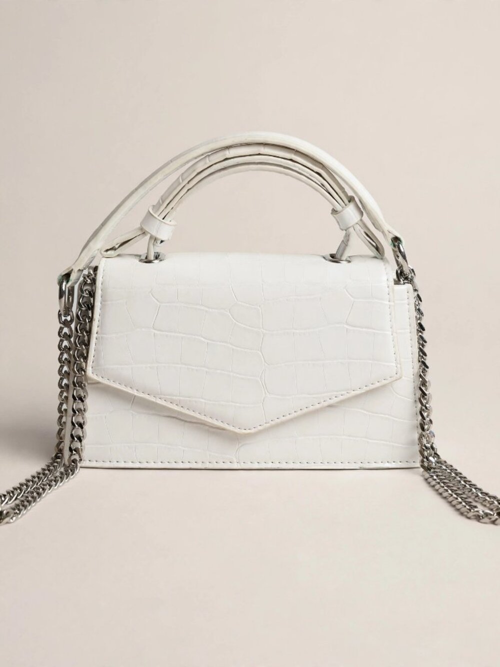 Zara White Croc Embossed Mini Top Handle Bag with Chain Crossbody Strap
